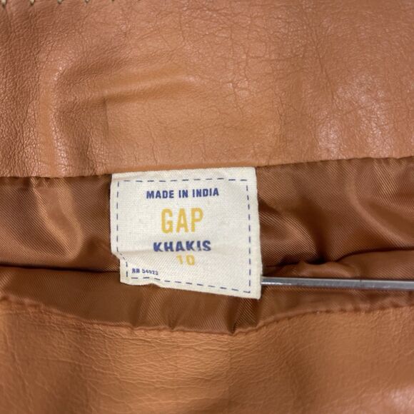 Vintage GAP Khaki Leather Skirt 10 Lined Contrasting Stitch Camel Brown Y2K - Picture 3 of 10